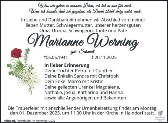 Traueranzeige von Marianne Werning von Südthüringer Presse