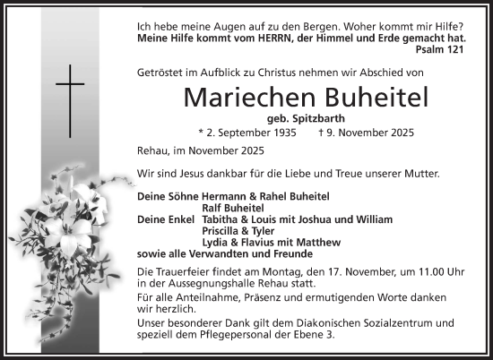 Traueranzeige von Mariechen Buheitel von Frankenpost