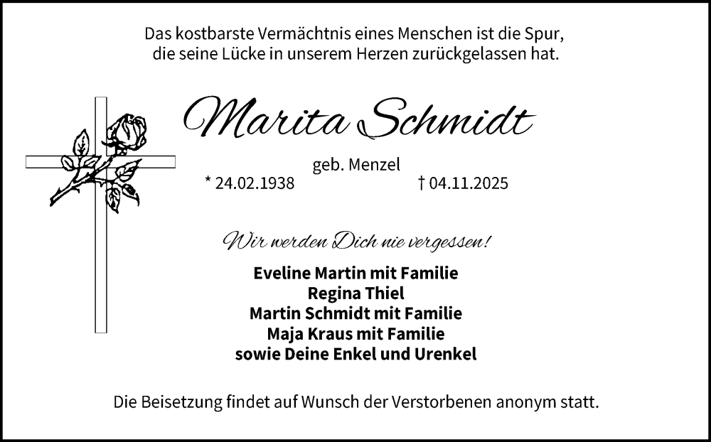  Traueranzeige für Marita Schmidt vom 08.11.2025 aus Neue Presse Coburg