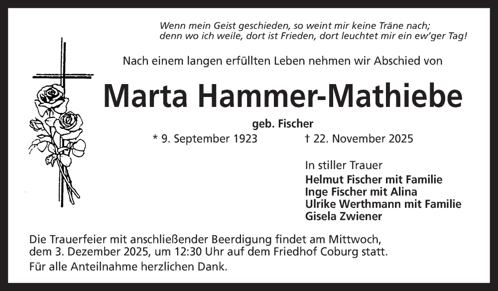  Traueranzeige für Marta Hammer-Mathiebe vom 29.11.2025 aus Neue Presse Coburg