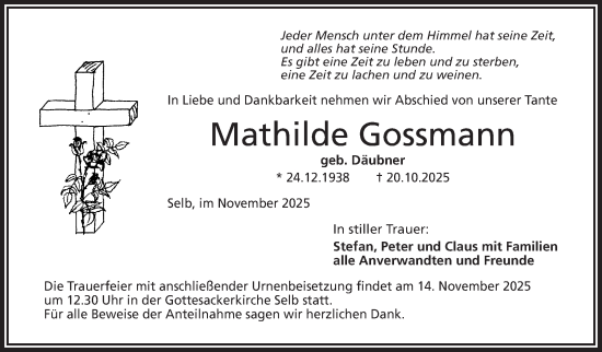 Traueranzeige von Mathilde Gossmann von Frankenpost