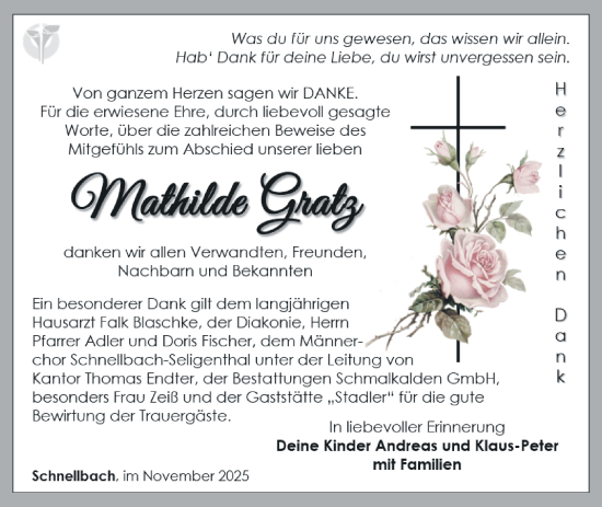 Traueranzeige von Mathilde Gratz von Südthüringer Presse