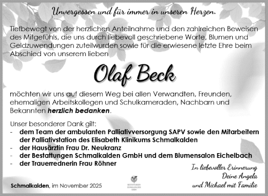 Traueranzeige von Olaf Beck von Südthüringer Presse