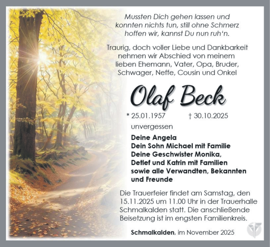 Traueranzeige von Olaf Beck von Südthüringer Presse