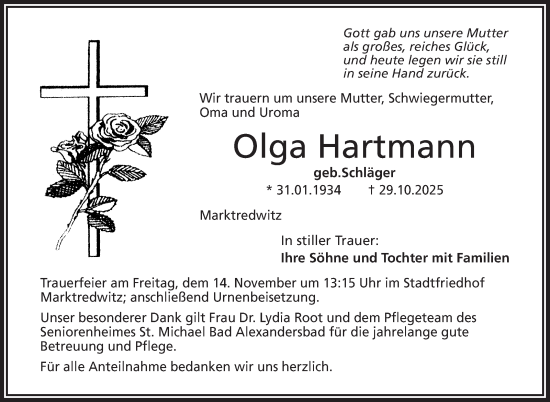Traueranzeige von Olga Hartmann von Frankenpost