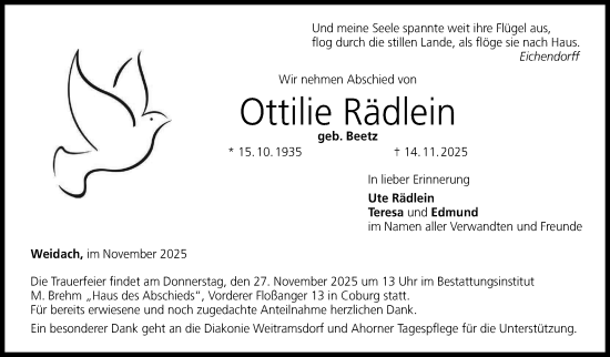 Traueranzeige von Ottilie Rädlein von Neue Presse Coburg