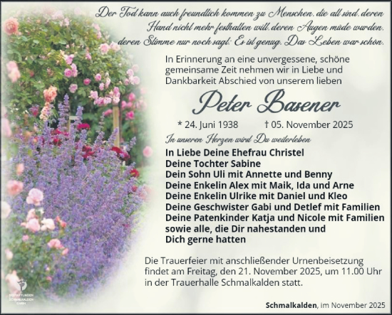 Traueranzeige von Peter Basener von Südthüringer Presse