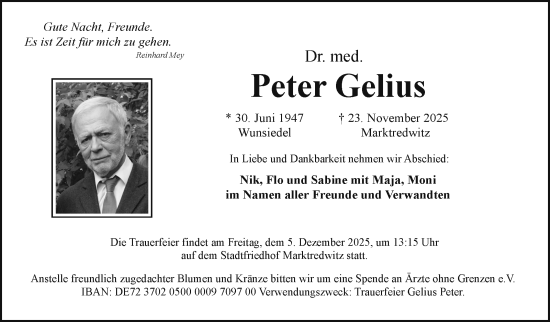 Traueranzeige von Peter Gelius von Frankenpost