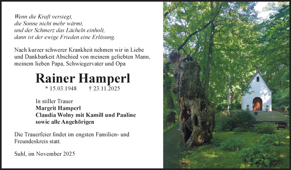  Traueranzeige für Rainer Hamperl vom 29.11.2025 aus Südthüringer Presse