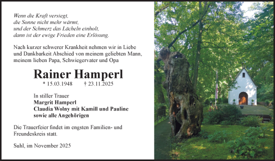 Traueranzeige von Rainer Hamperl von Südthüringer Presse