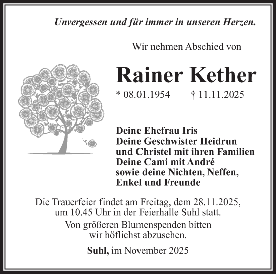 Traueranzeige von Rainer Kether von Südthüringer Presse