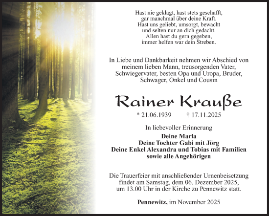 Traueranzeige von Rainer Krauße von Südthüringer Presse
