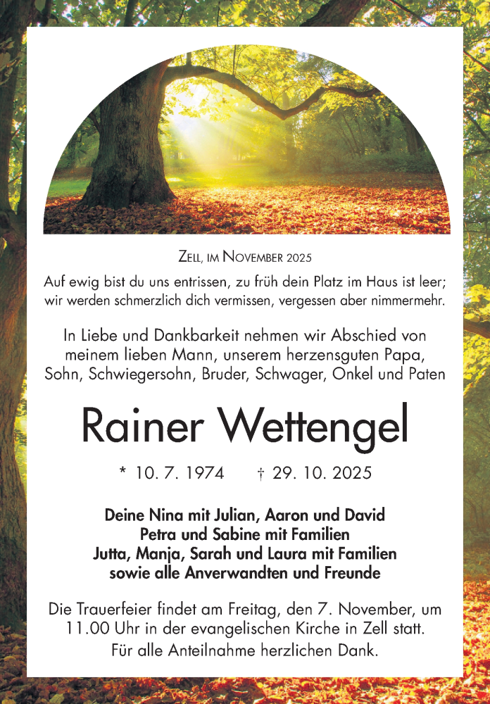  Traueranzeige für Rainer Wettengel vom 05.11.2025 aus Frankenpost