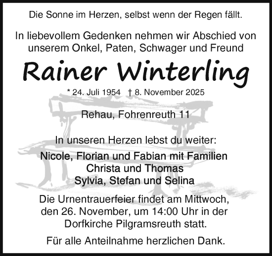Traueranzeige von Rainer Winterling von Frankenpost