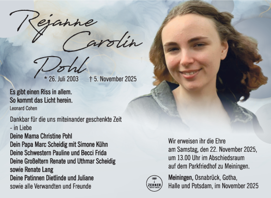 Traueranzeige von Rejanne Carolin Pohl von Südthüringer Presse