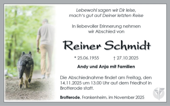 Traueranzeige von Reiner Schmidt von Südthüringer Presse