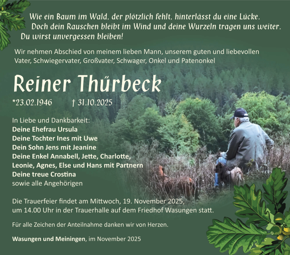  Traueranzeige für Reiner Thürbeck vom 08.11.2025 aus Südthüringer Presse