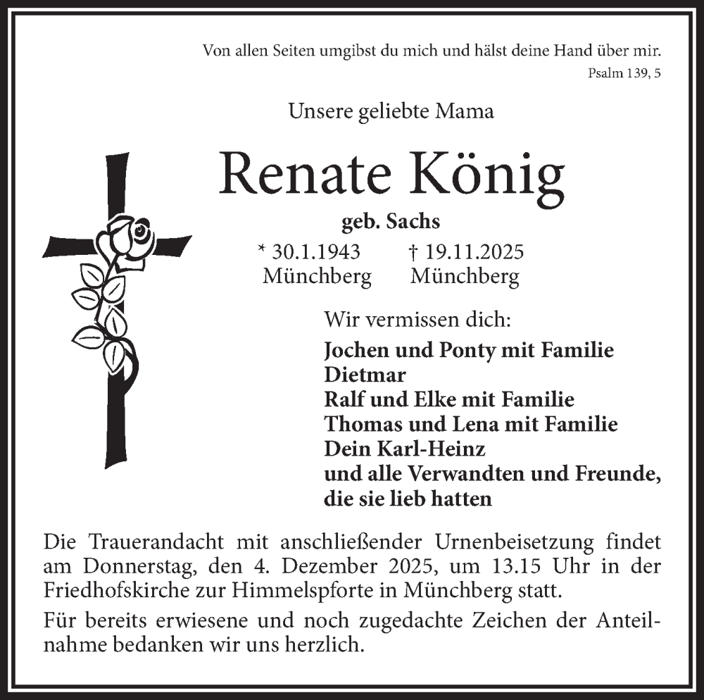  Traueranzeige für Renate König vom 29.11.2025 aus Frankenpost