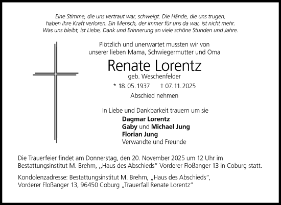 Traueranzeige von Renate Lorentz von Neue Presse Coburg