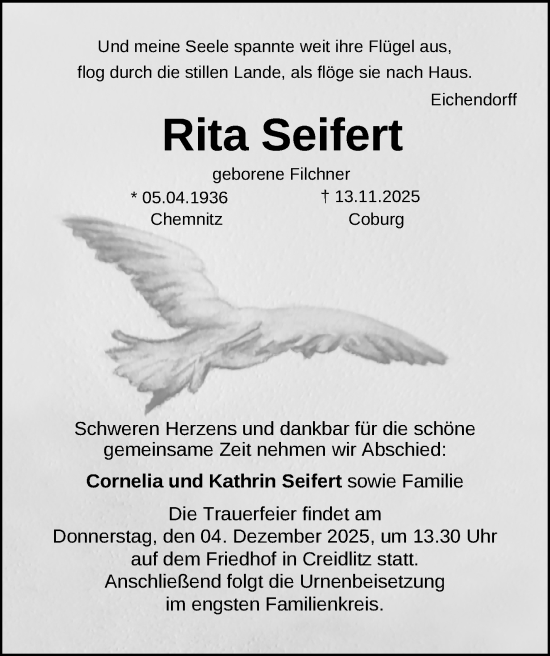 Traueranzeige von Rita Seifert von Neue Presse Coburg