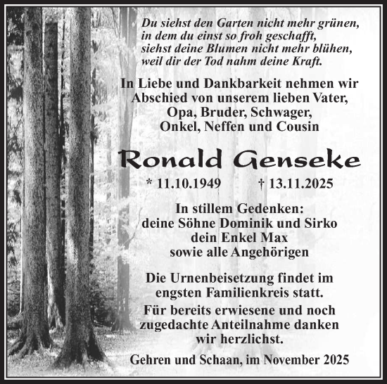 Traueranzeige von Roland Genseke von Südthüringer Presse