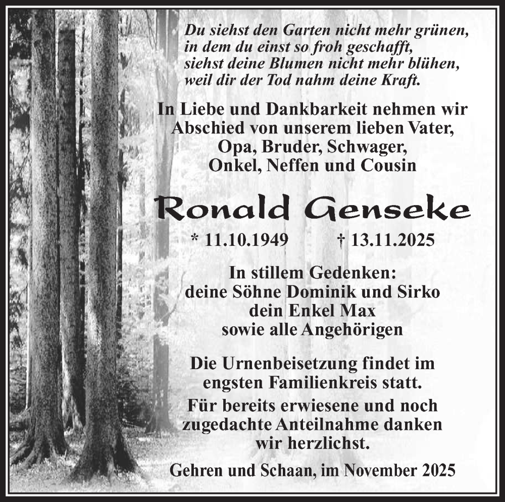  Traueranzeige für Roland Genseke vom 29.11.2025 aus Südthüringer Presse