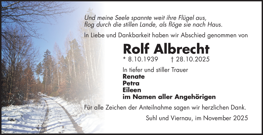  Traueranzeige für Rolf Albrecht vom 22.11.2025 aus Südthüringer Presse