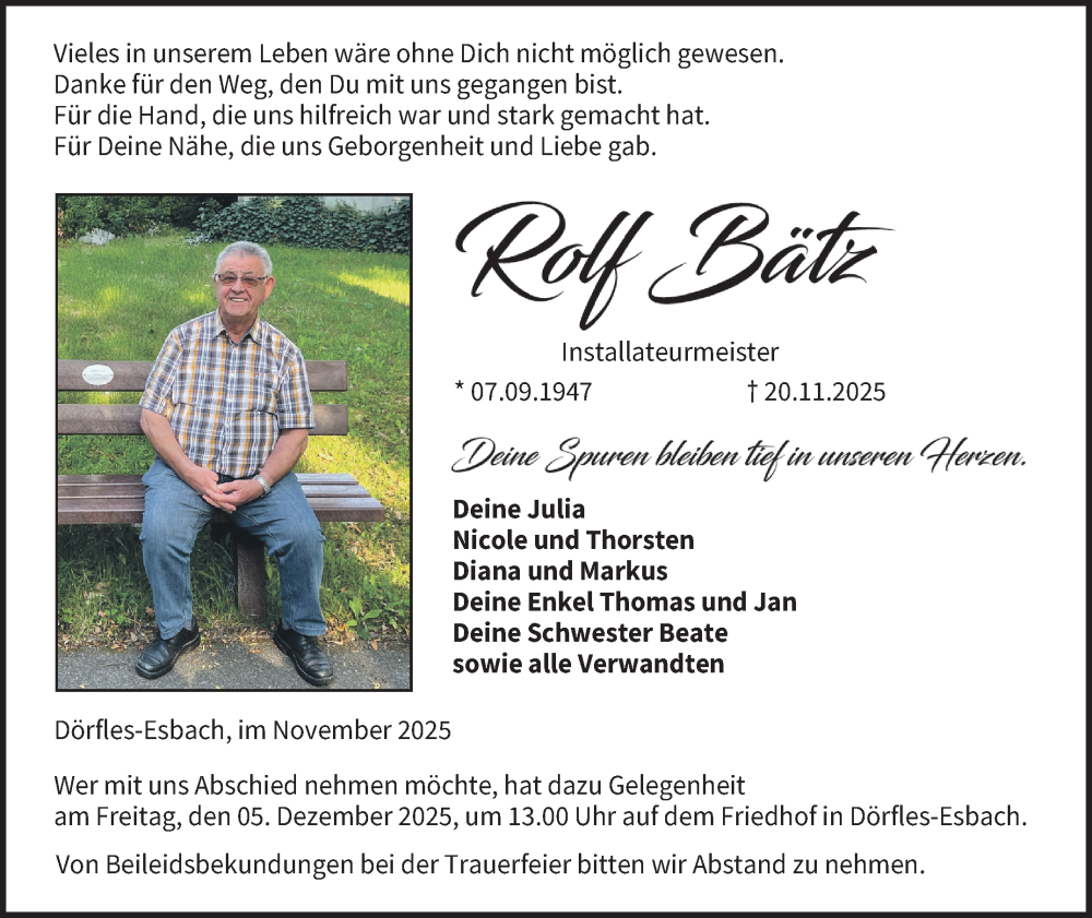  Traueranzeige für Rolf Bätz vom 29.11.2025 aus Neue Presse Coburg