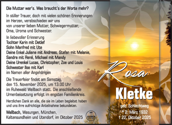 Traueranzeige von Rosa Kletke von Südthüringer Presse