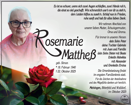 Traueranzeige von Rosemarie Mattheß von Südthüringer Presse