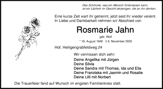 Traueranzeige von Rosmarie Jahn von Frankenpost