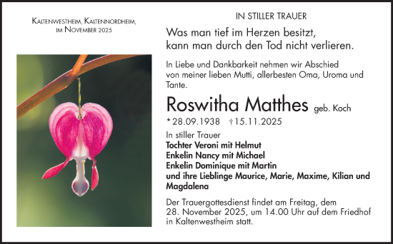 Traueranzeige von Roswitha Matthes von Südthüringer Presse