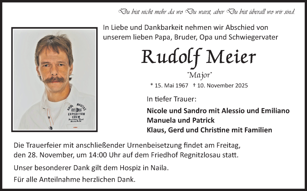  Traueranzeige für Rudolf Meier vom 22.11.2025 aus Frankenpost