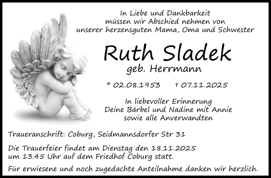 Traueranzeige von Ruth Sladek von Neue Presse Coburg