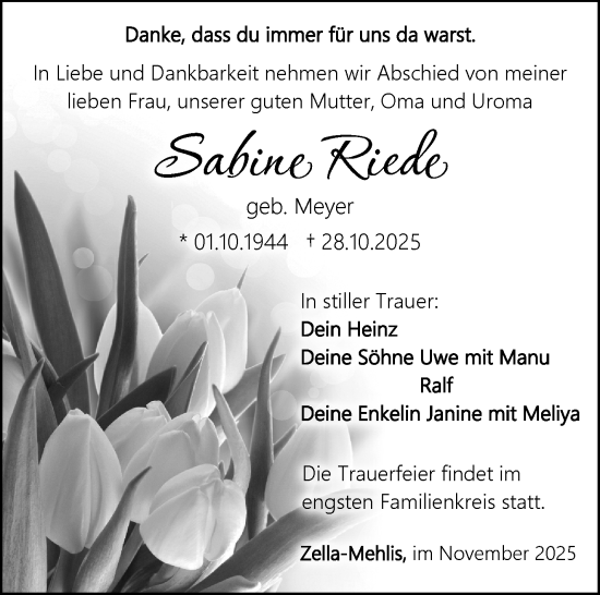 Traueranzeige von Sabine Riede von Südthüringer Presse