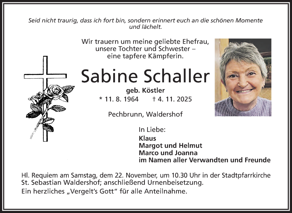  Traueranzeige für Sabine Schaller vom 15.11.2025 aus Frankenpost
