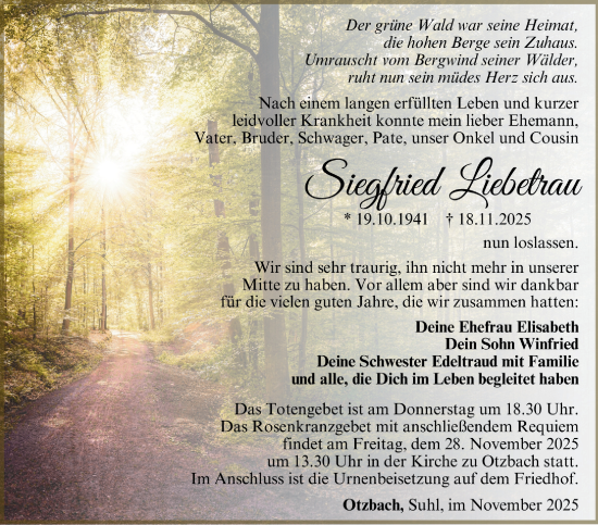 Traueranzeige von Siegfried Liebetrau von Südthüringer Presse