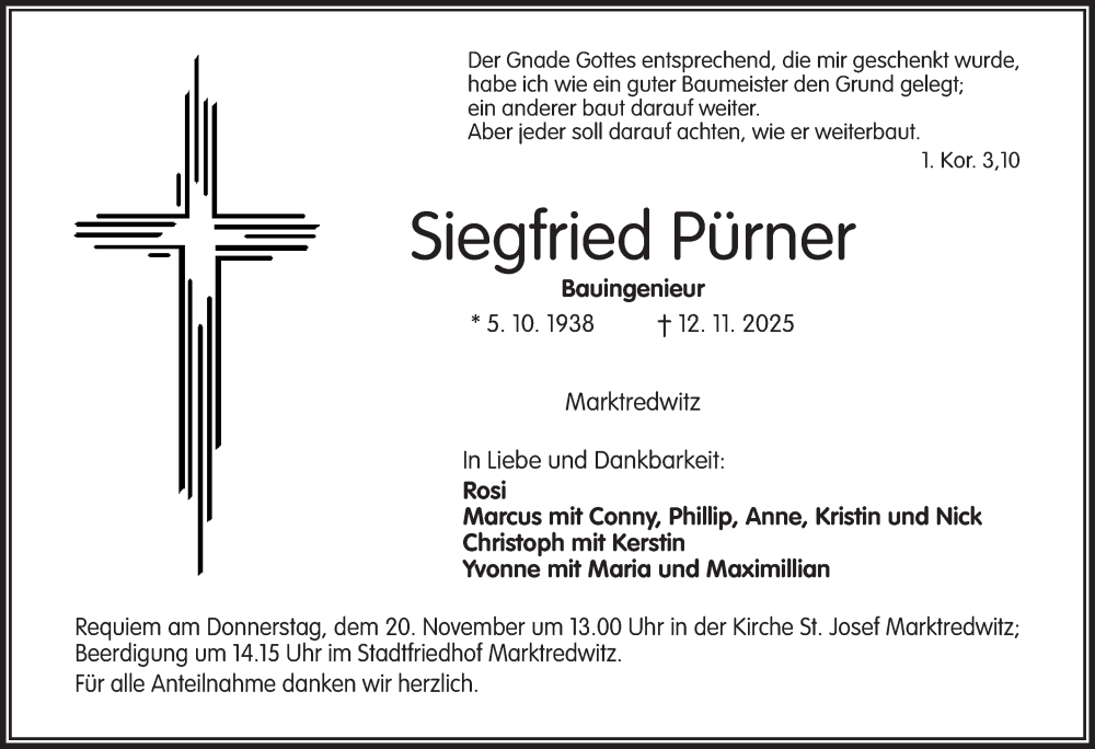 Traueranzeige für Siegfried Pürner vom 15.11.2025 aus Frankenpost