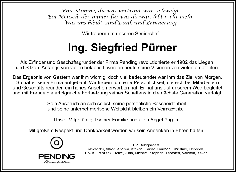  Traueranzeige für Siegfried Pürner vom 19.11.2025 aus Frankenpost