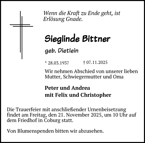 Traueranzeige von Sieglinde Bittner von Neue Presse Coburg