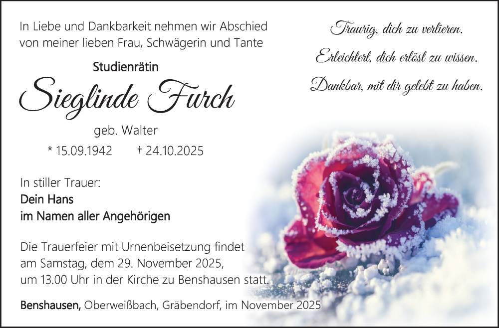  Traueranzeige für Sieglinde Furch vom 22.11.2025 aus Südthüringer Presse