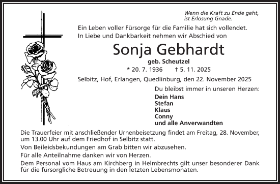 Traueranzeige von Sonja Gebhardt von Frankenpost