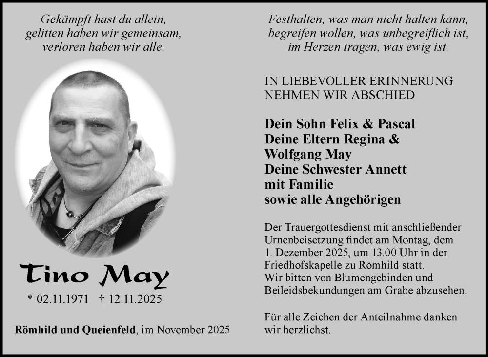  Traueranzeige für Tino May vom 27.11.2025 aus Südthüringer Presse