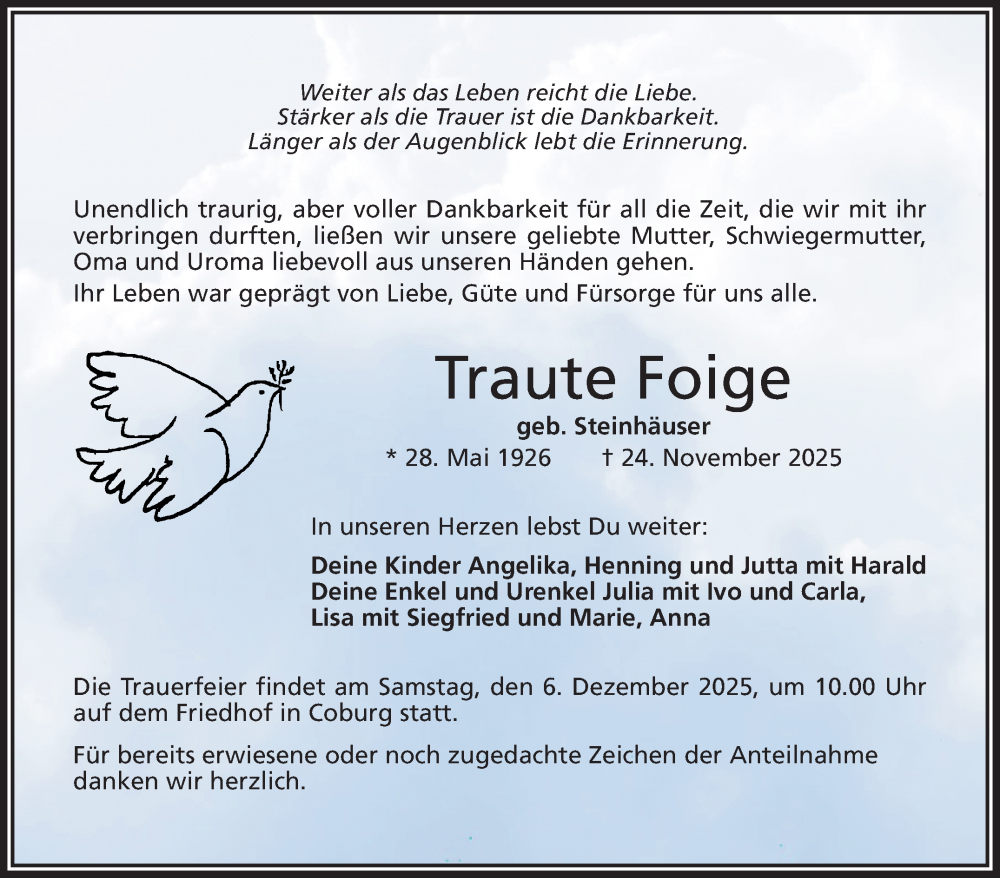  Traueranzeige für Traute Foige vom 29.11.2025 aus Neue Presse Coburg