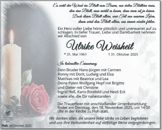 Traueranzeige von Ulrike Weisheit von Südthüringer Presse