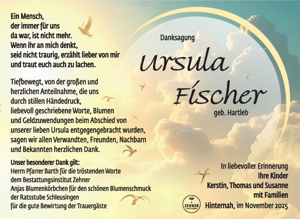  Traueranzeige für Ursula Fischer vom 15.11.2025 aus Südthüringer Presse