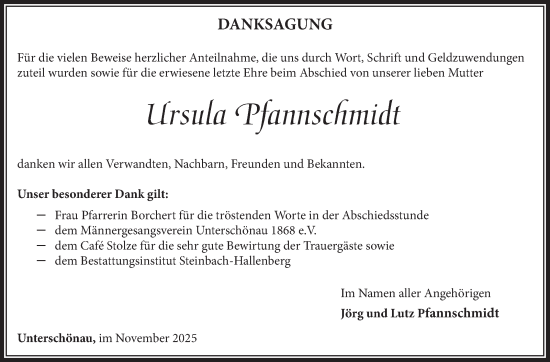 Traueranzeige von Ursula Pfannschmidt von Südthüringer Presse