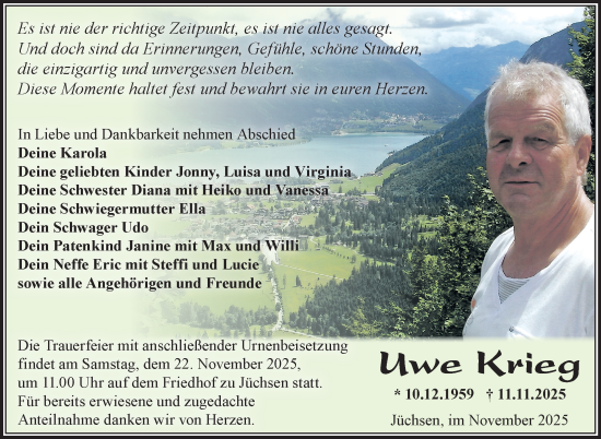 Traueranzeige von Uwe Krieg von Südthüringer Presse