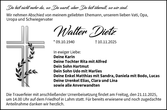 Traueranzeige von Walter Dietz von Neue Presse Coburg