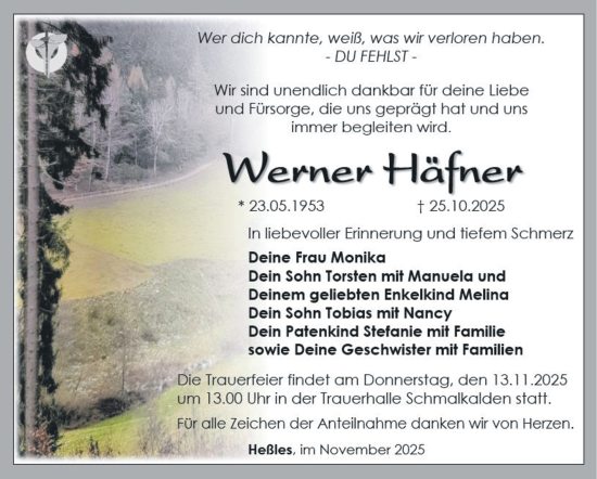 Traueranzeige von Werner Häfner von Südthüringer Presse